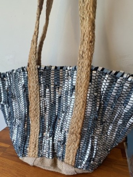 高級感溢れるレザーとジュートのトートBAG♪(ブルー)