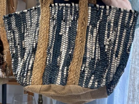 高級感溢れるレザーとジュートのトートBAG♪(ブルー)